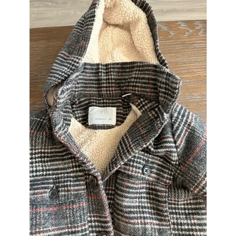 Zara Kids Hooded Plaid Pea Coat in Gray with Red Accents